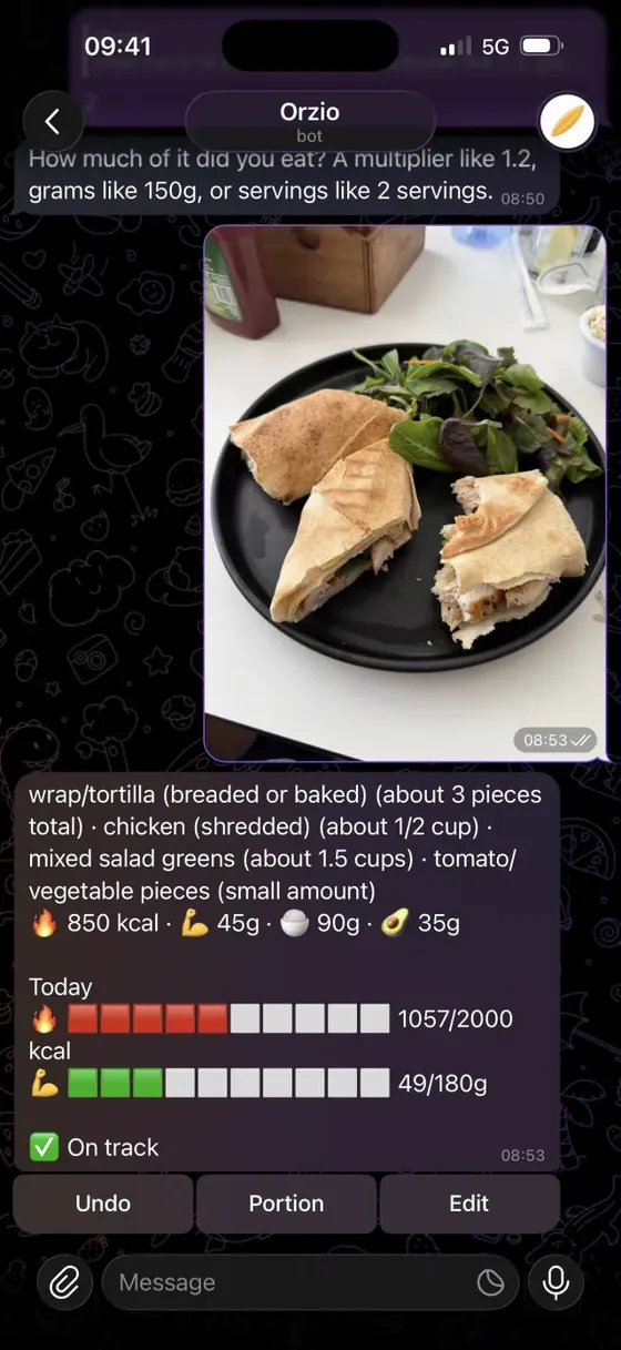 Orzio in Telegram: a photo of a chicken wrap, answered with an estimate of 850 kcal and 45 g of protein, the day’s running totals and an On track verdict.