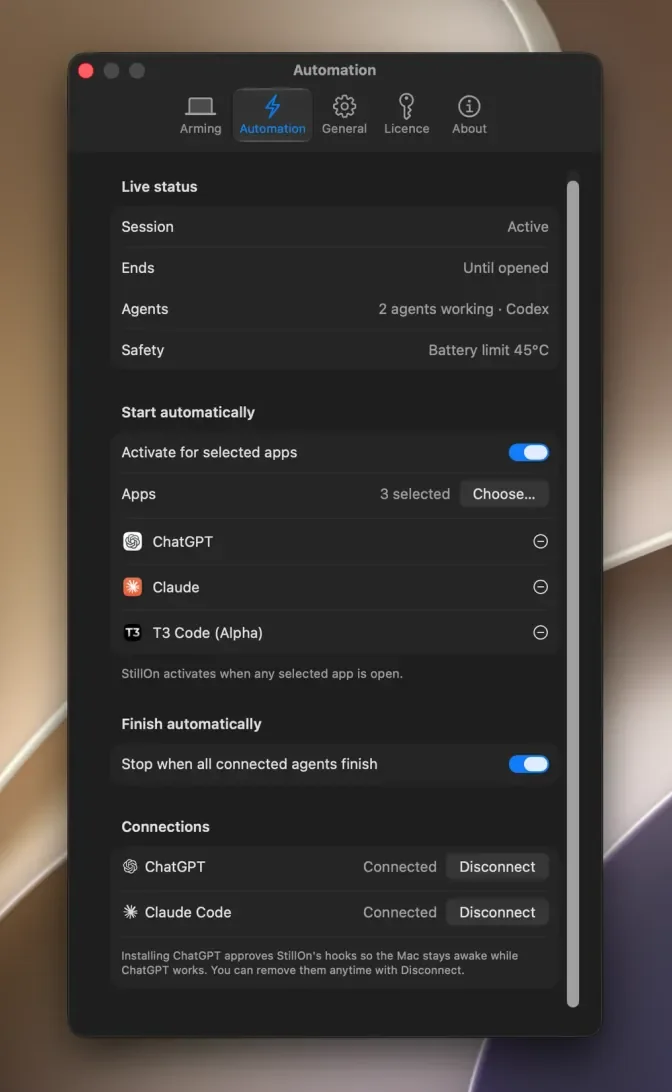 StillOn’s Automation settings: an active session with two agents working, ChatGPT, Claude and T3 Code chosen to start it automatically, and Claude Code and ChatGPT connected so the Mac can sleep when they finish.